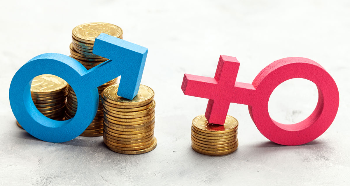 Equal Pay Day. Ein großer Stapel Münzen mit einem Symbol für Mann und ein kleiner Stapel mit einem Symbol für Frau. Foto: Adobe Stock | adragan