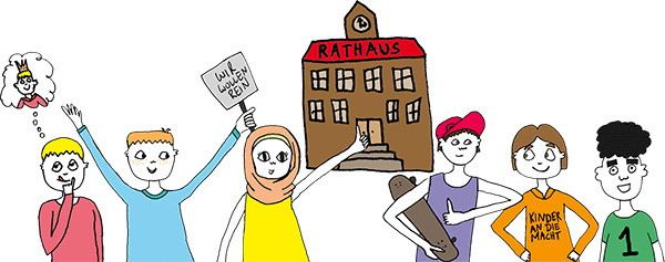 Illustration zur Jugendbeteiligung: Kinder vor einem Rathaus. Grafik: LpB BW 