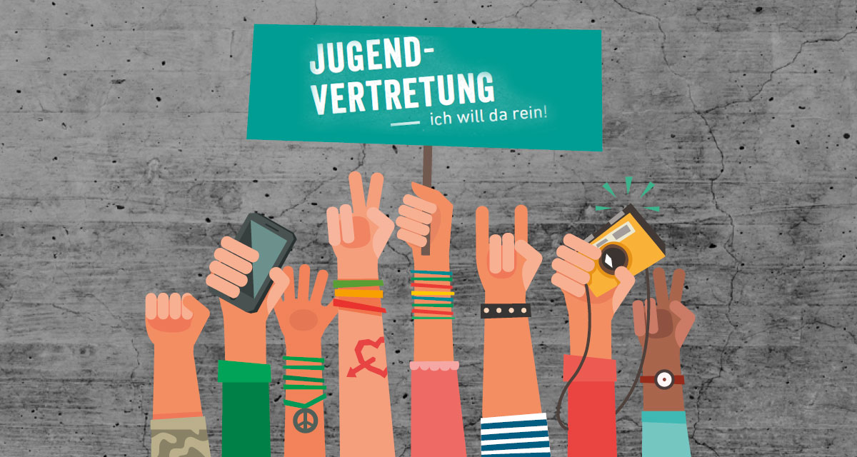 Hände halten ein Schild hoch mit Text: Jugendvertretung - ich will da rein! | Grafik:  IStock