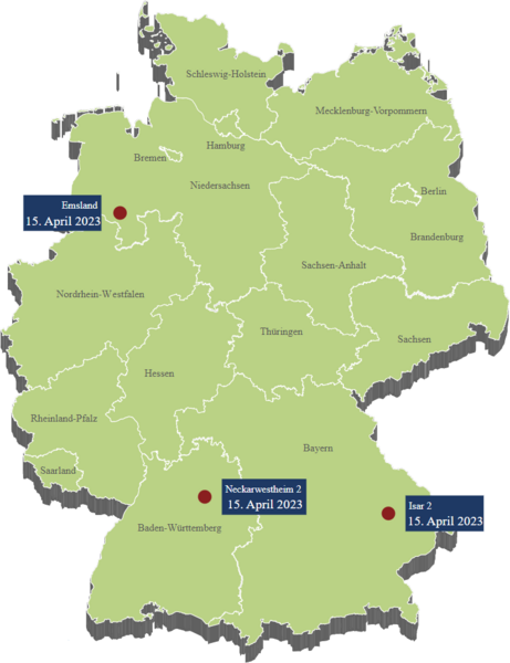 Kernkraftwerke in Deutschland: Abschaltung der noch betriebenen Reaktoren gemäß Atomgesetz (AtG). Stand: Februar 2022. Quelle: Mediathek BMU. 