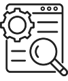 Icon Informieren. Grafik: Symbol Zahnrad und Lupe vor Infoseite