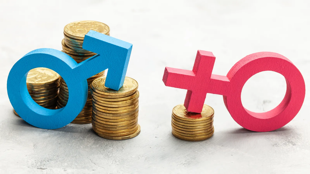 Equal Pay Day. Ein großer Stapel Münzen mit einem Symbol für Mann und ein kleiner Stapel mit einem Symbol für Frau. Foto: Adobe Stock | adragan