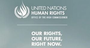 Logo United Nations Human Rights: "Our Rights, Our Future, Right Now." Foto: Kampagnen 2024, Büro des Hohen Kommissars für Menschenrechte