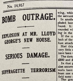 Bericht über die landesweiten Bomben- und Brandstiftungskampagne in London. Ausschnitt aus der Zeitung Pall Mall Gazette, 13. Februar 1913