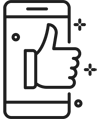 Icon Öffentlichkeitsarbeit. Grafik: Symbol Handy und Daumen hoch