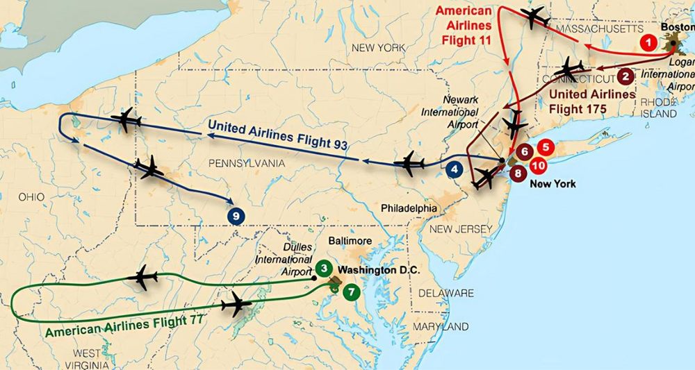 Flugrouten der vier Flugzeuge am 11. September 2001. Grafik: FBI, wikimedia (gemeinfrei)