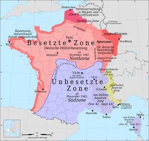 Die Karte zeigt Frankreich nach dem Deutschen Westfeldzug im Jahr 1940. 