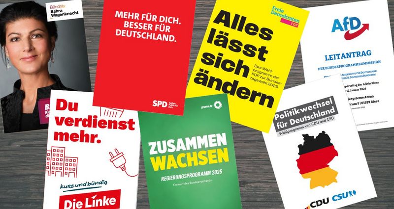 Titelseiten der Wahlprogramme der im Bundestag vertretenen Parteien.