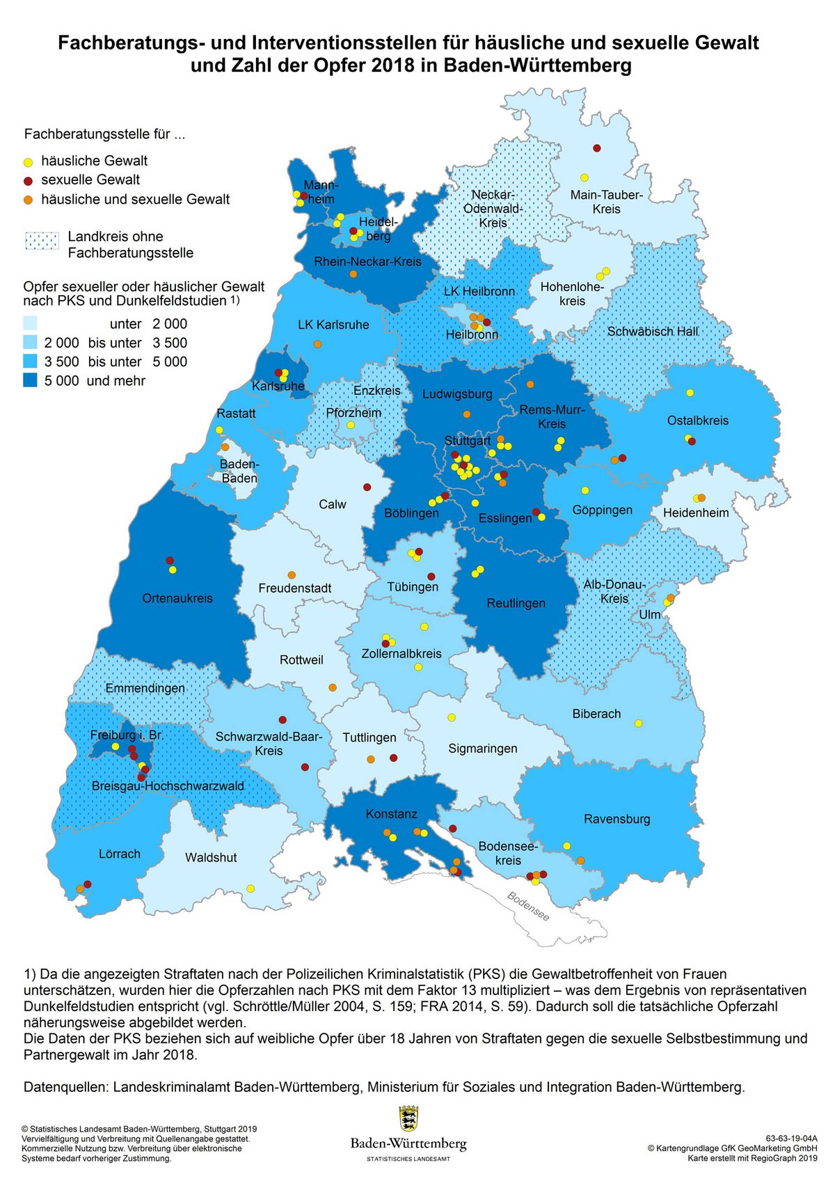 Beratungsstellen für häusliche und sexuelle Gewalt in Baden-Württemberg. Quelle: Statistisches Landesamt Baden-Württemberg, GesellschaftsReportBW 2019 (Karte nicht barrierefrei).