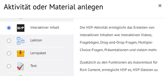 Wählen Sie "Interaktiver Inhalt" aus und klicken Sie auf hinzufügen.