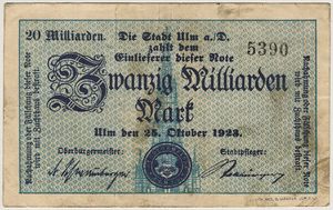 Inflationsgeldschein der Stadt Ulm aus dem Oktober 1923.