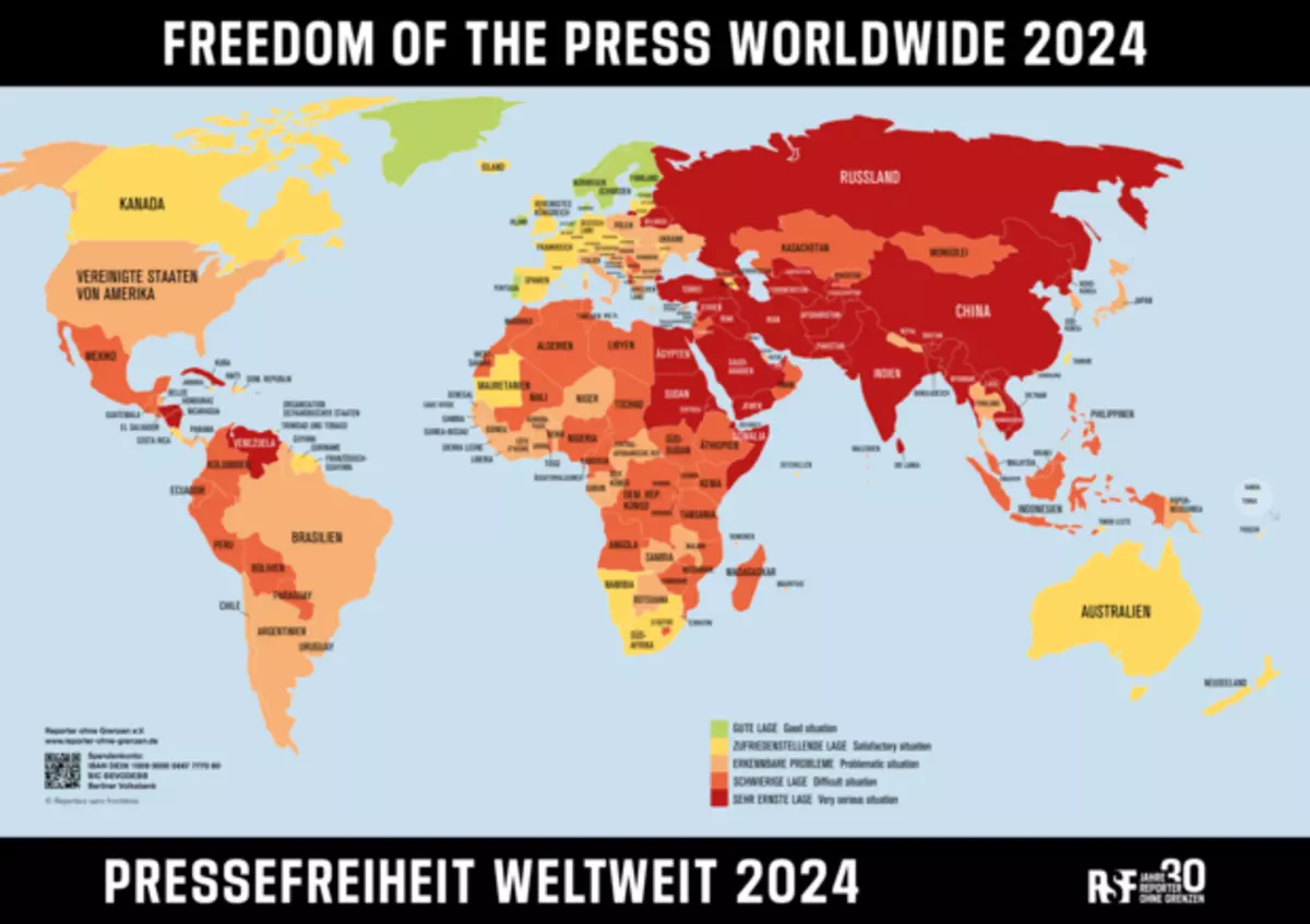 Interaktive Weltkarte: Pressefreiheit 2024 Land für Land. Quelle: Reporter ohne Grenzen