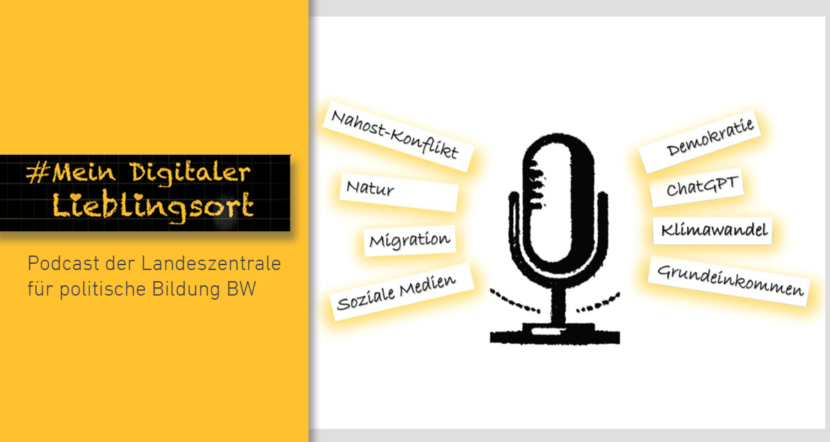 Podcast #mein digitaler Lieblingsort. Episode 21. Zeichnung: Mikrophone mit Schlagwörter: Nahost-Konflikt, Natur, Migration, Soziale Medien, Demokratie, ChatGPT, Klimawandel, Grundeinkommen  | Zeichnerin: Nada Heller