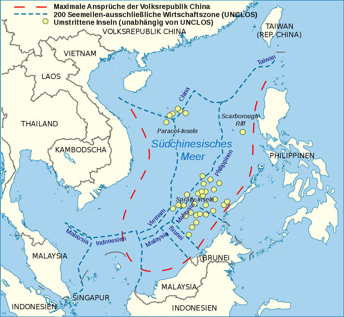 Karte mit den strittigen Gebietsansprüchen und umstrittenen Inseln im Südchinesischen Meer.