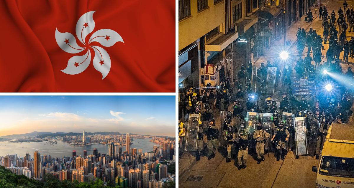 Collage Hongkong: Die Flagge von Hongkong, die Skyline und bewaffnete Sicherheitskräfte