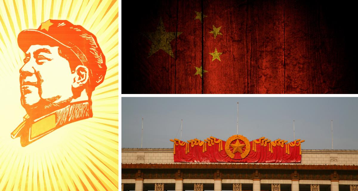 Collage: Mao Zedong und die Große Halle des Volkes in Peking