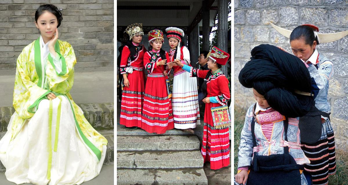 Auf den Fotos sind Menschen verschiedener in China lebender Ethnien in traditionellen Gewändern: Von links nach rechts: Eine Han-Chinesin, Angehörige der Tujia und Angehörige der Miao. 