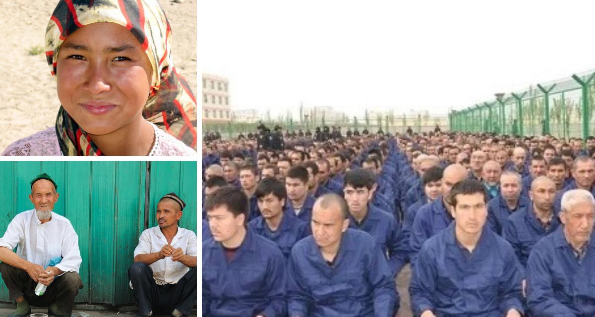 Collage zu den Uiguren in Xinjiang. Links oben: Ein uigurisches Mädchen. Links unten: Zwei uigurische Männer. Rechts: Ein mit KI generiertes Bild eines Umerziehungslagers.