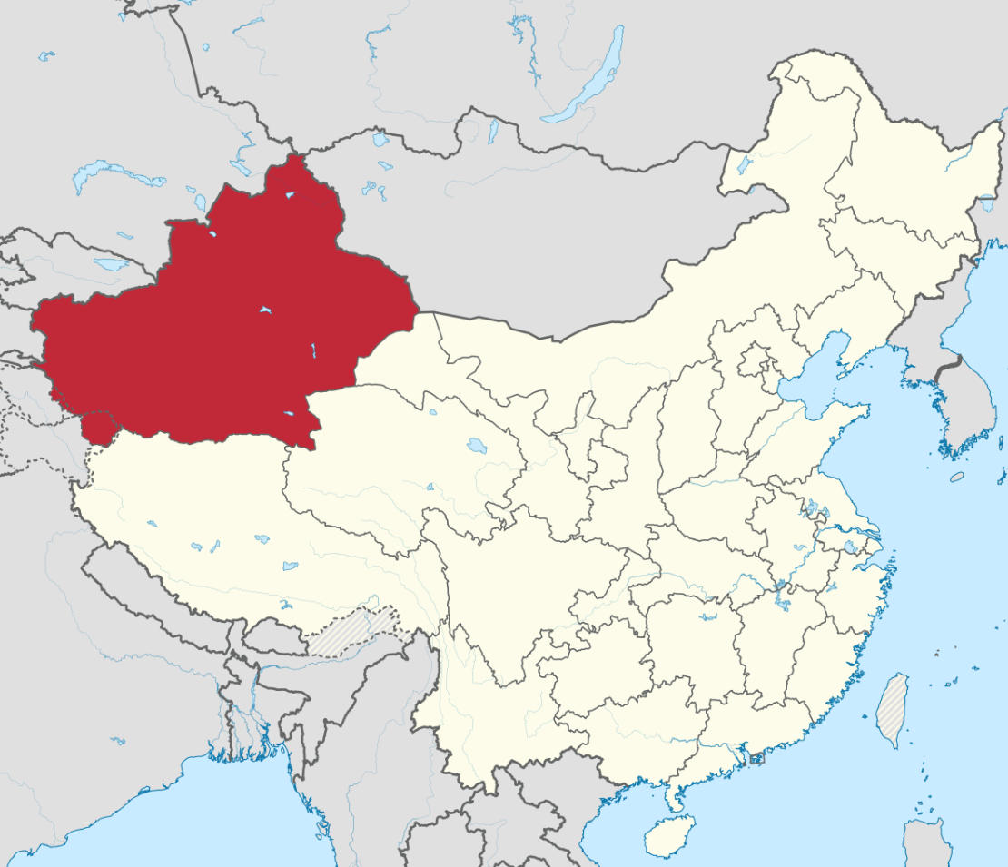 Karte der Volksrepublik China. Die Region Xinjiang liegt im Nordwesten.