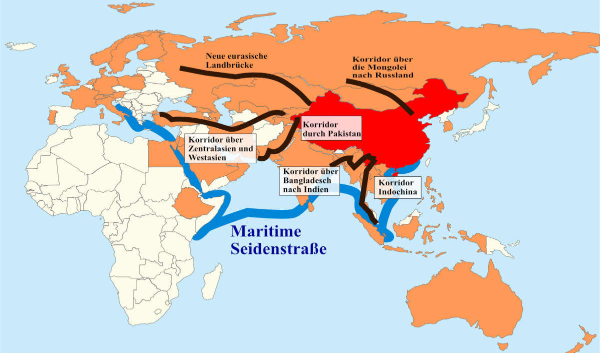Karte mit den sechs Hauptkorridoren der Neue-Seidenstraße-Initiative.