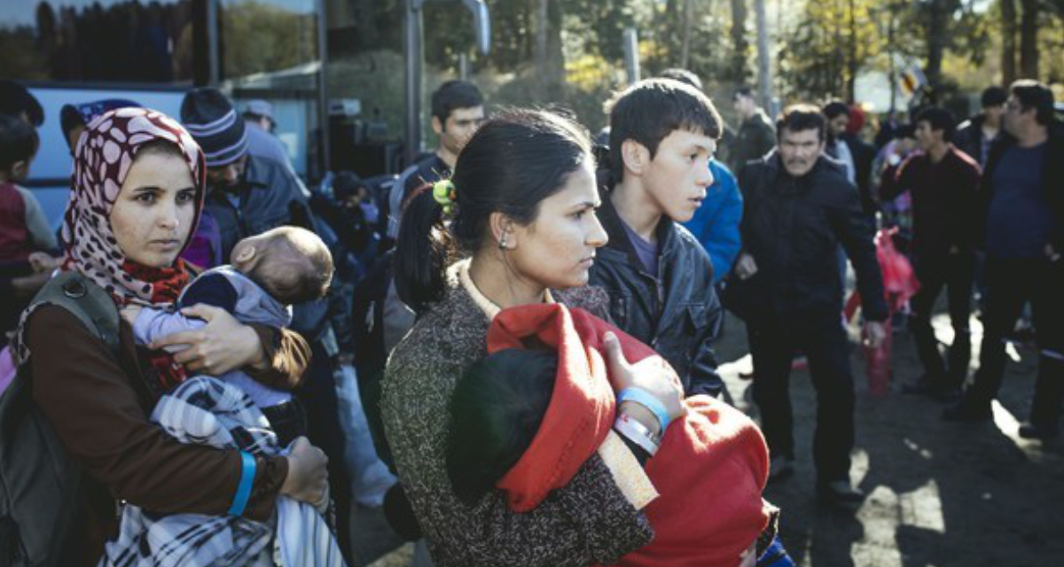 Ankunft von einem Bus mit Flüchtlingen an der Grenze zu Österreich, 2015. Foto: picture alliance/imageBROKER/Florian Bachmeier.