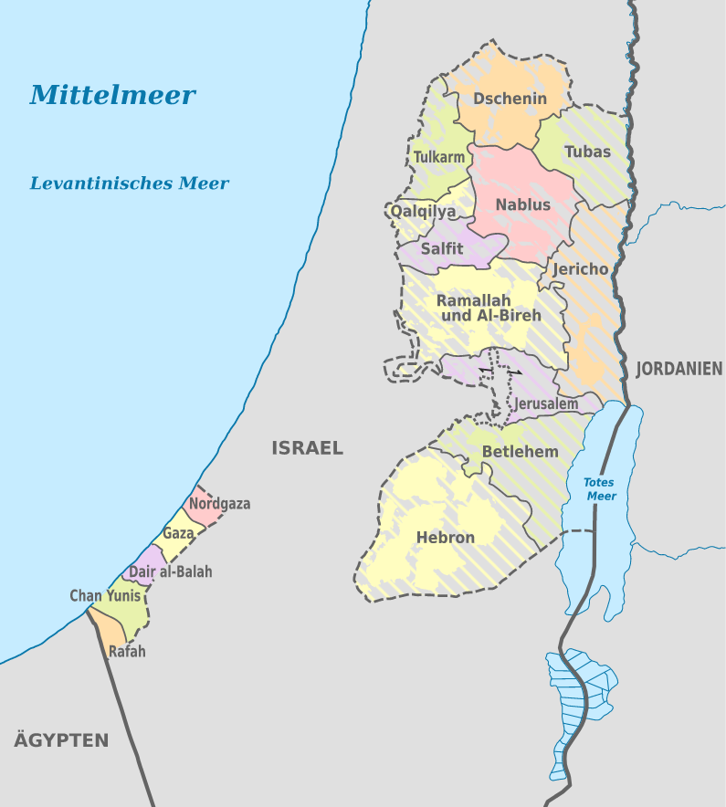 Karte der palästinensischen Autonomiegebiete mit Westjordanland, Ost-Jerusalem und Gazastreifen. Schraffierte Flächen im Westjordanland gehören zur Zone C (unter israelischer Kontrolle). Grafik: wikimedia | TUBS | CC BY-SA 3.0