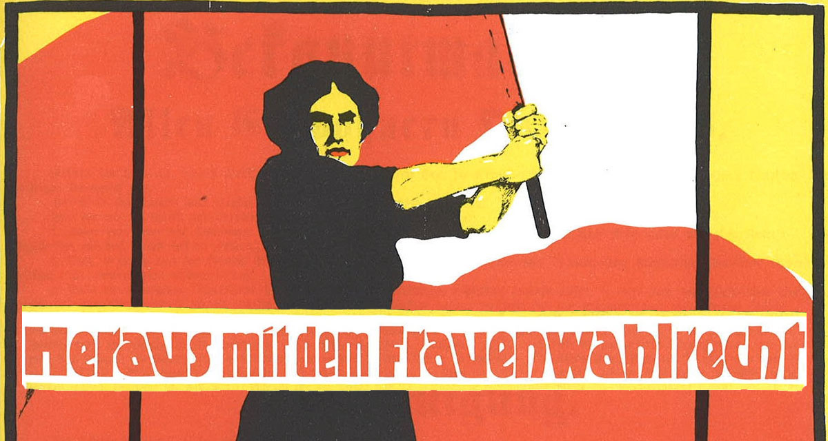 Ausschnitt aus dem Plakat "Heraus mit dem Frauenwahlrecht" zum Frauentag am 8. März 1914. Quelle: Wikimedia | Karl Maria Stadler, gemeinfrei. 