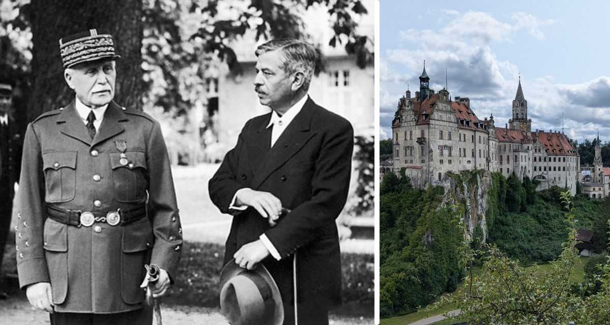 Bildcollage: Pétain und Laval neben dem Hohenzollernschloss Sigmaringen. 