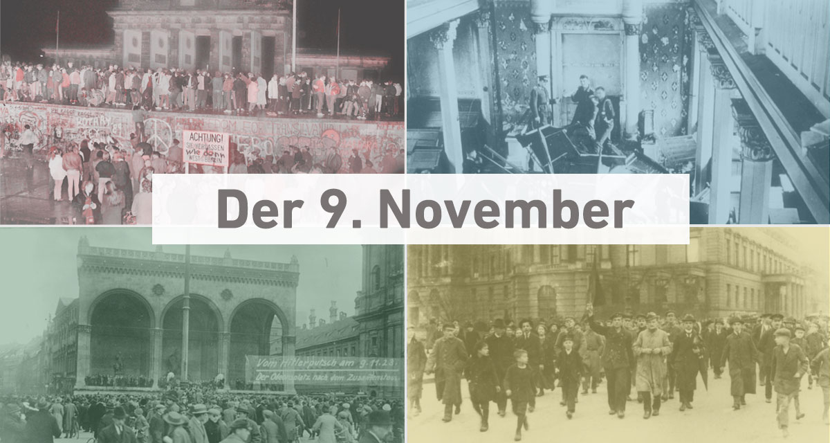 Der 9. November, Mauerfall 1989, Reichspogromnacht 1938, Hitlerputsch 1923, Novemberrevolution 1918. Fotos: picture alliance, SZ Photo | Paul Glaser // Verein Ehemalige Synagoge Kippenheim // Deutsches Bundesarchiv. Bild 119-1426 / CC-BY-SA 3.0 // Deutsches Bundesarchiv. Bild 183-18594-0045 / CC-BY-SA 3.0