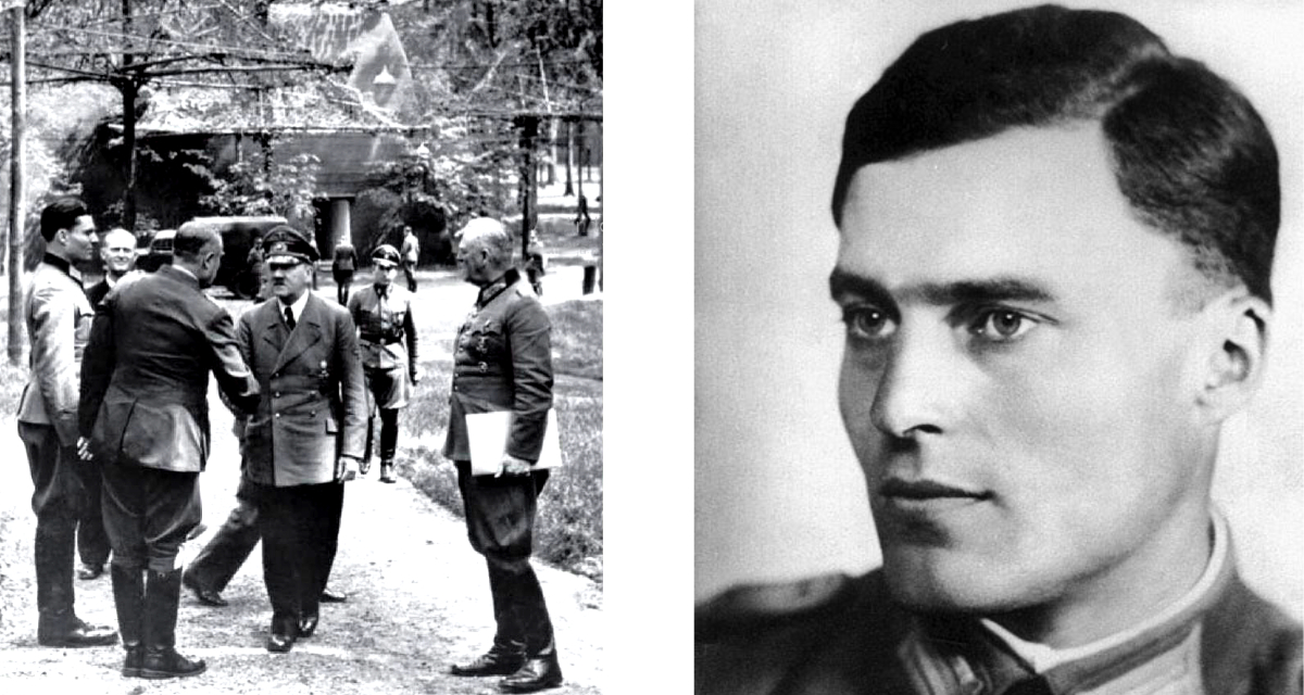 Linkes Bild zeigt Stauffenberg mit Hitler im Führerhauptquartier, rechtes Bild zeigt Stauffenberg im Porträt