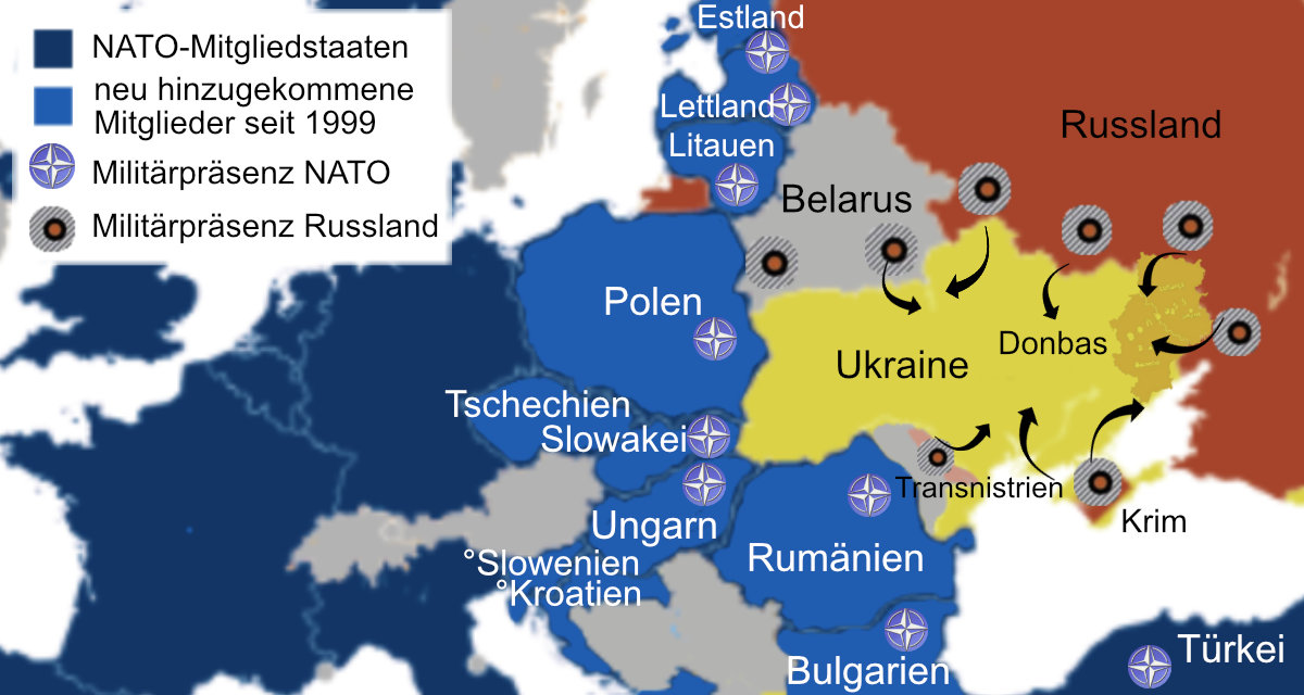 Hauptstreitpunkt im aktuellen Konflikt: Eine mögliche weitere Osterweiterung der NATO sowie generell die Militärpräsenz der NATO/USA in Osteuropa. Abbildung: San Jose, Wikipedia, gemeinfrei. Überarbeitet von der Internetredaktion der LpB BW.