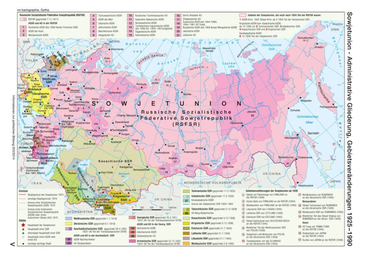 Karte Sowjetunion, Gebietsveränderungen 1925-1990 |  (mr-kartographie)  Bundeszentrale für politische Bildung