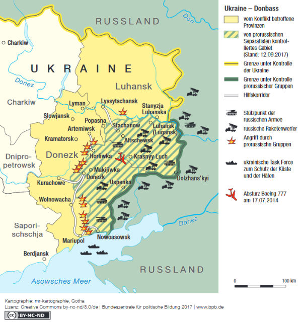 Ukraine - Donbass. Lizenz: by-nc-nd/3.0/de mr-kartographie, GothaLizenz, Bundeszentrale für politische Bildung 2017 